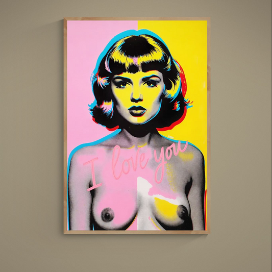 Pop art female portrait poster with pink and yellow background, halftone dots, and I love you script