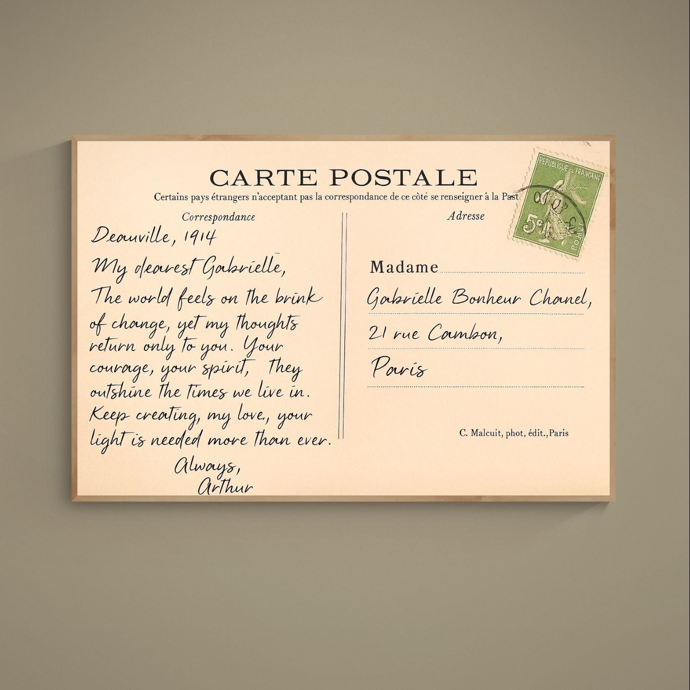 Vintage French postcard poster with CARTE POSTALE header, handwritten script, address lines and green stamp
