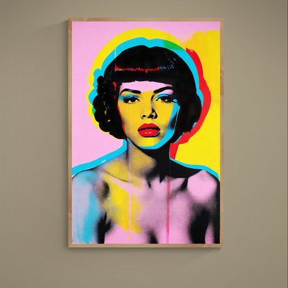 Neon pop art female portrait poster with halftone dots, spray drips, pink, yellow, turquoise, red and black