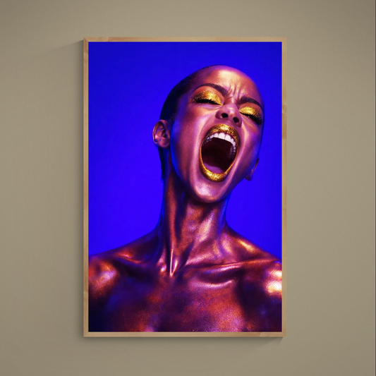 Portrait poster with purple metallic body paint, gold glitter makeup and electric blue background