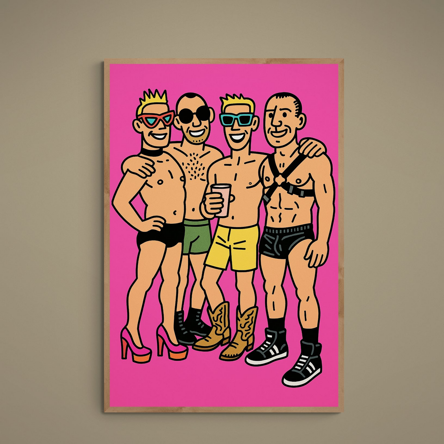 Pop-art poster of four stylized shirtless figures arm-in-arm on a vivid pink background