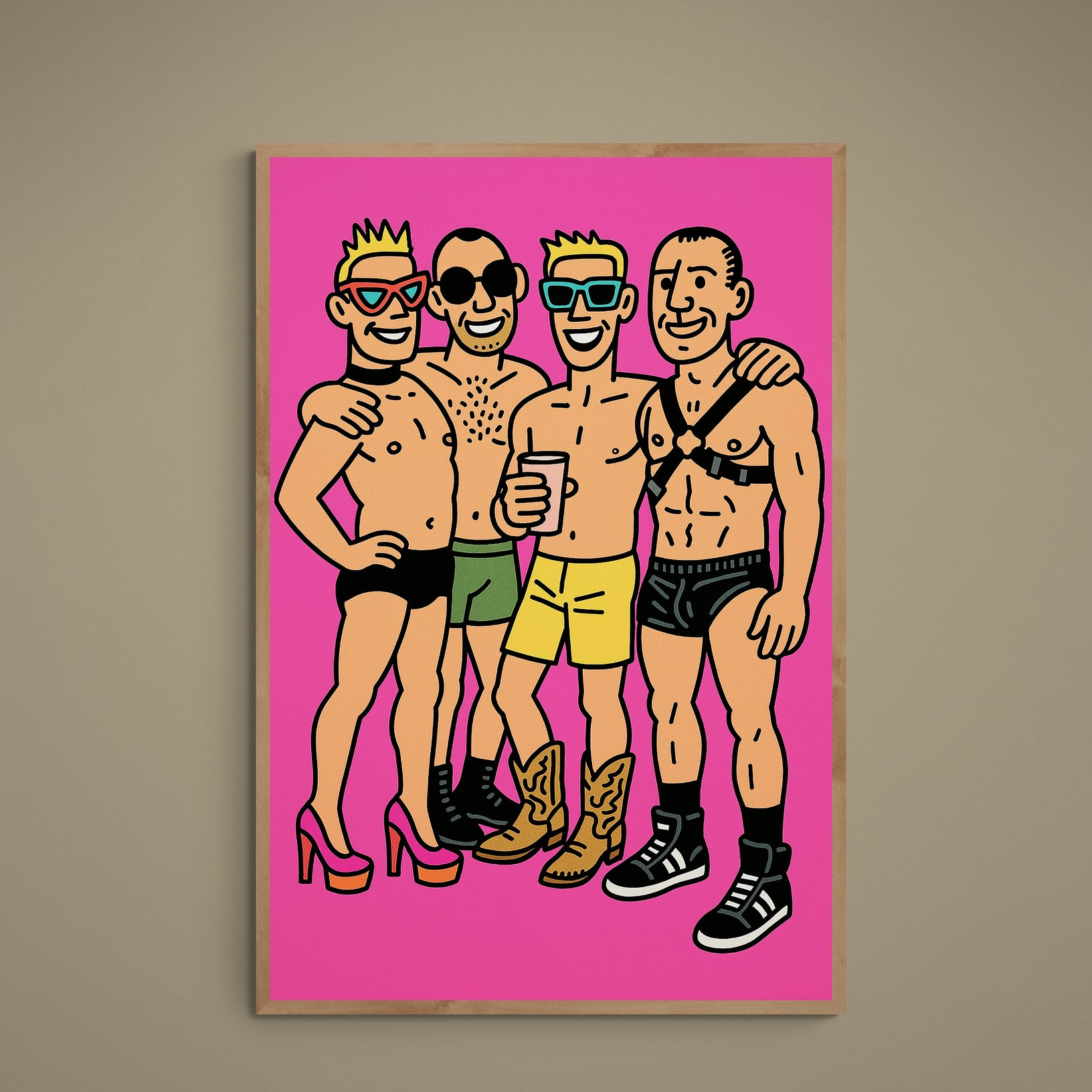 Pop-art poster of four stylized shirtless figures arm-in-arm on a vivid pink background