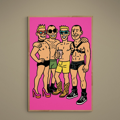 Pop-art poster of four stylized shirtless figures arm-in-arm on a vivid pink background