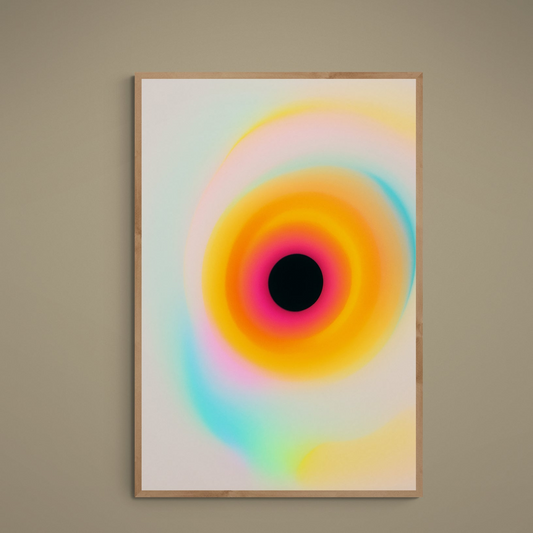 Unframed abstract poster with black center disk and concentric orange, pink, turquoise, and yellow glow rings