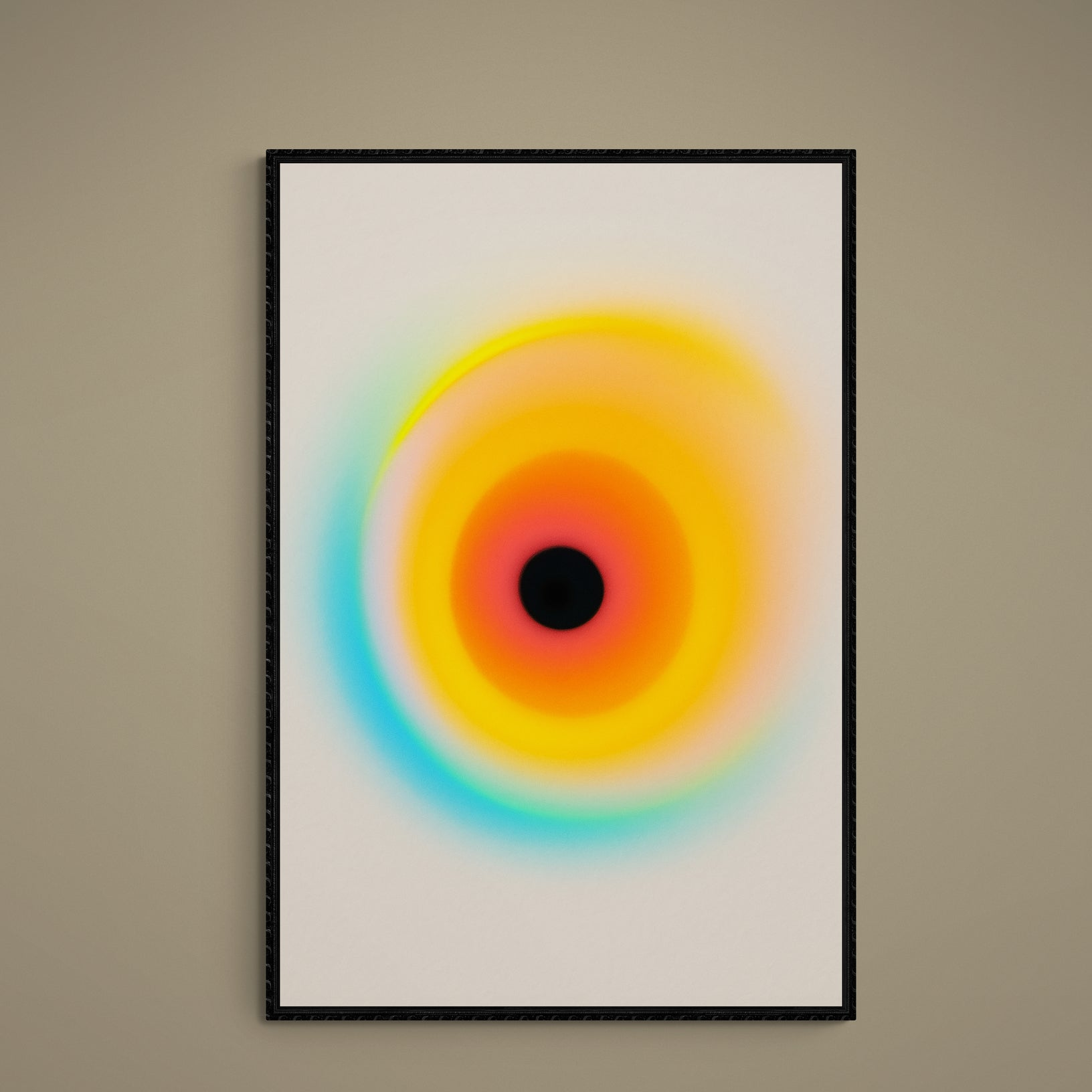 Abstract concentric bullseye poster with turquoise, yellow, orange, pink rings and black center on beige background