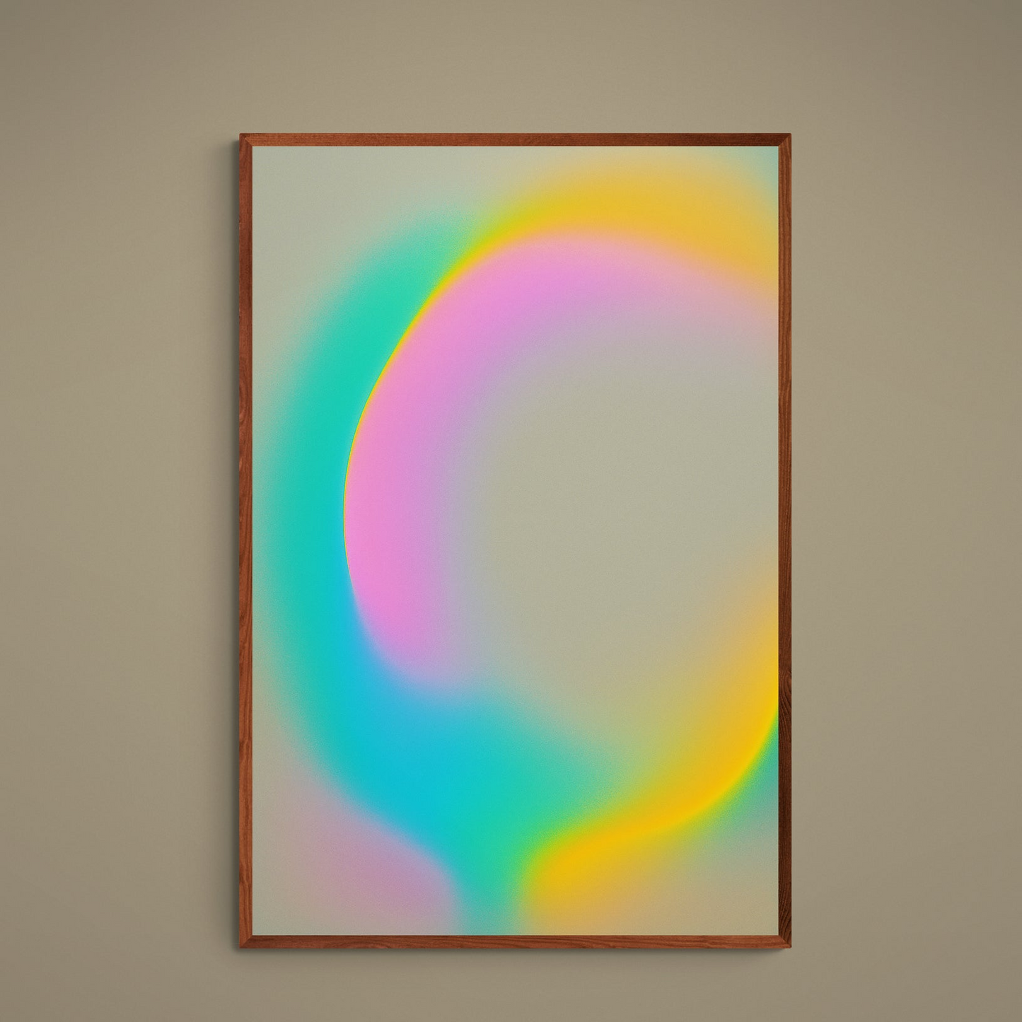 Portrait abstract poster with blurred multicolor gradient bands on a warm beige background