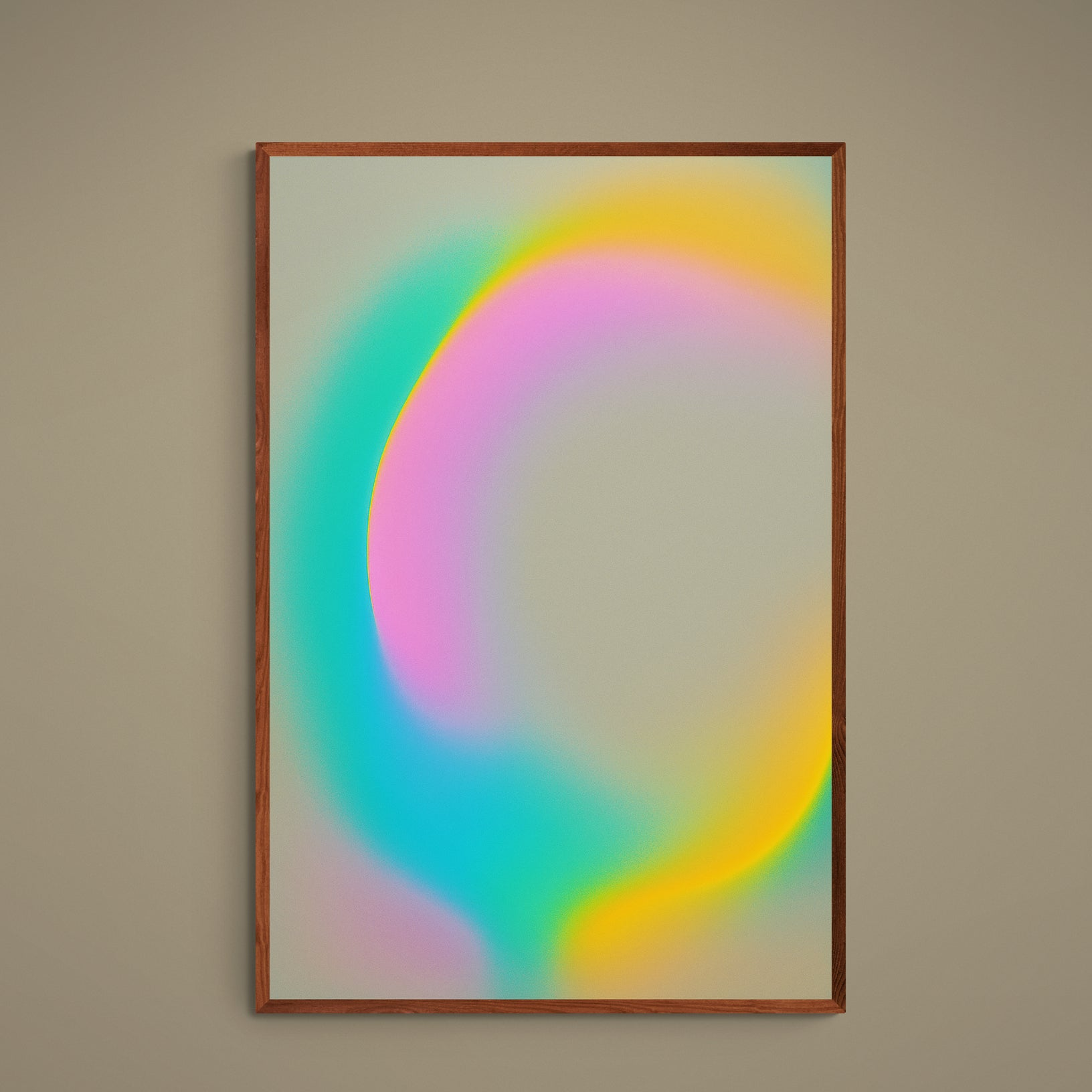 Portrait abstract poster with blurred multicolor gradient bands on a warm beige background