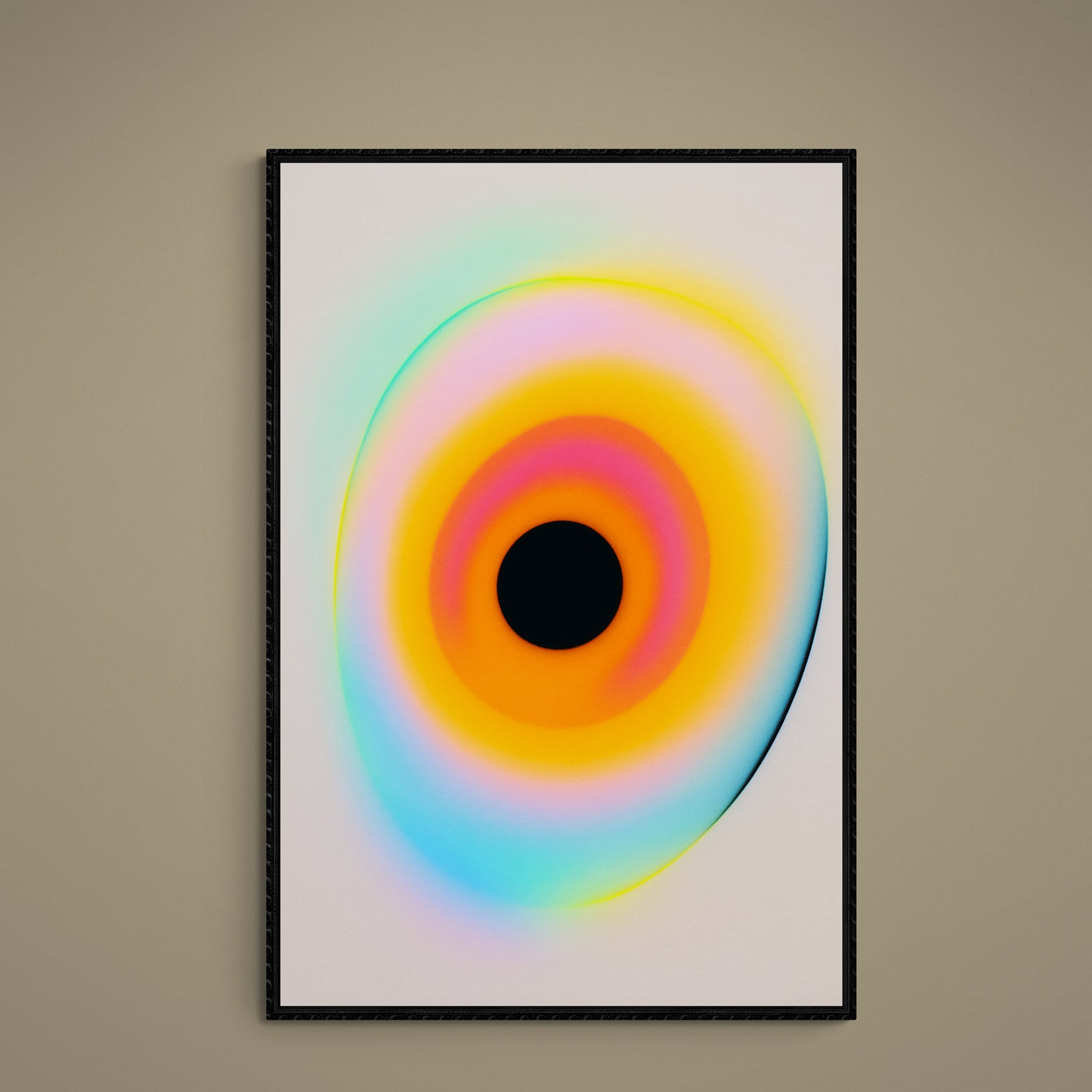Abstract poster with black center disk and rainbow concentric rings on beige matte paper