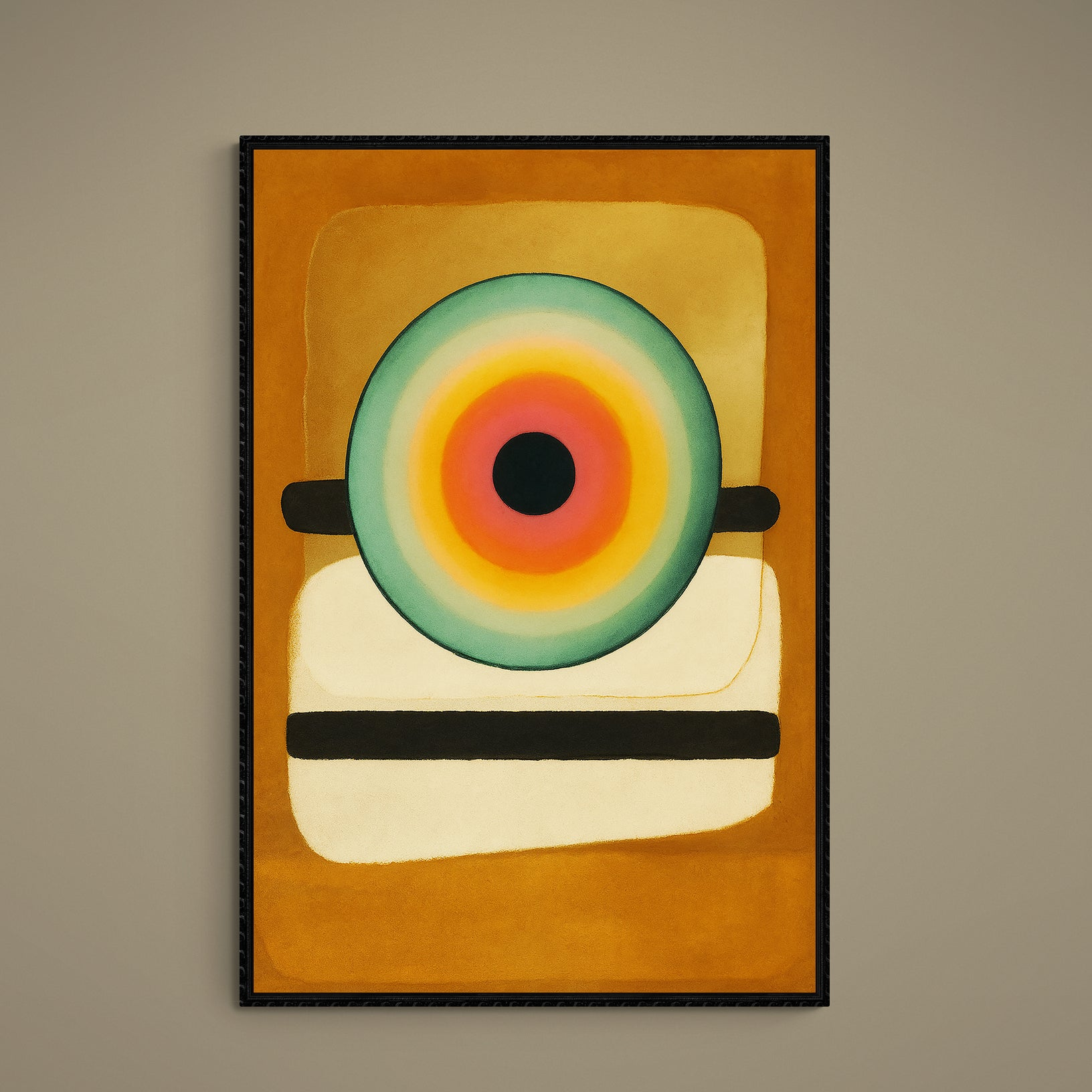 Unframed matte poster with turquoise and orange concentric bullseye on brown cream geometric background