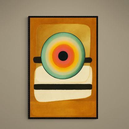 Unframed matte poster with turquoise and orange concentric bullseye on brown cream geometric background