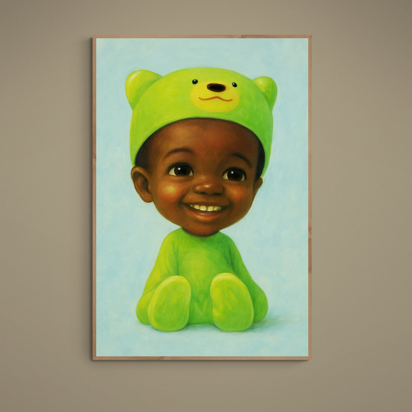 Smiling child in a green bear hood on a light blue background, unframed matte paper poster