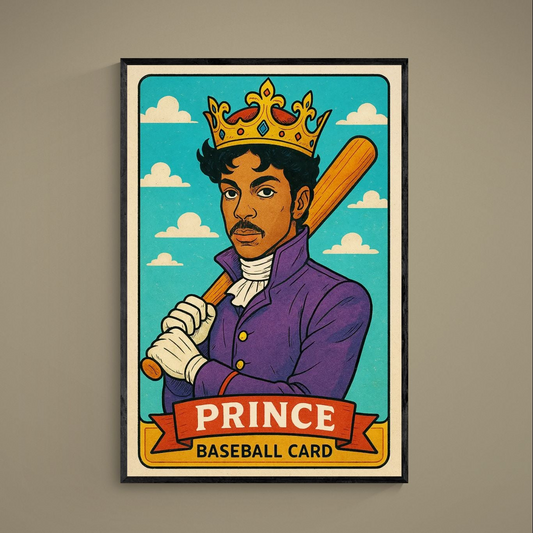 Retro trading-card poster of a crowned figure in purple coat holding a baseball bat under turquoise sky