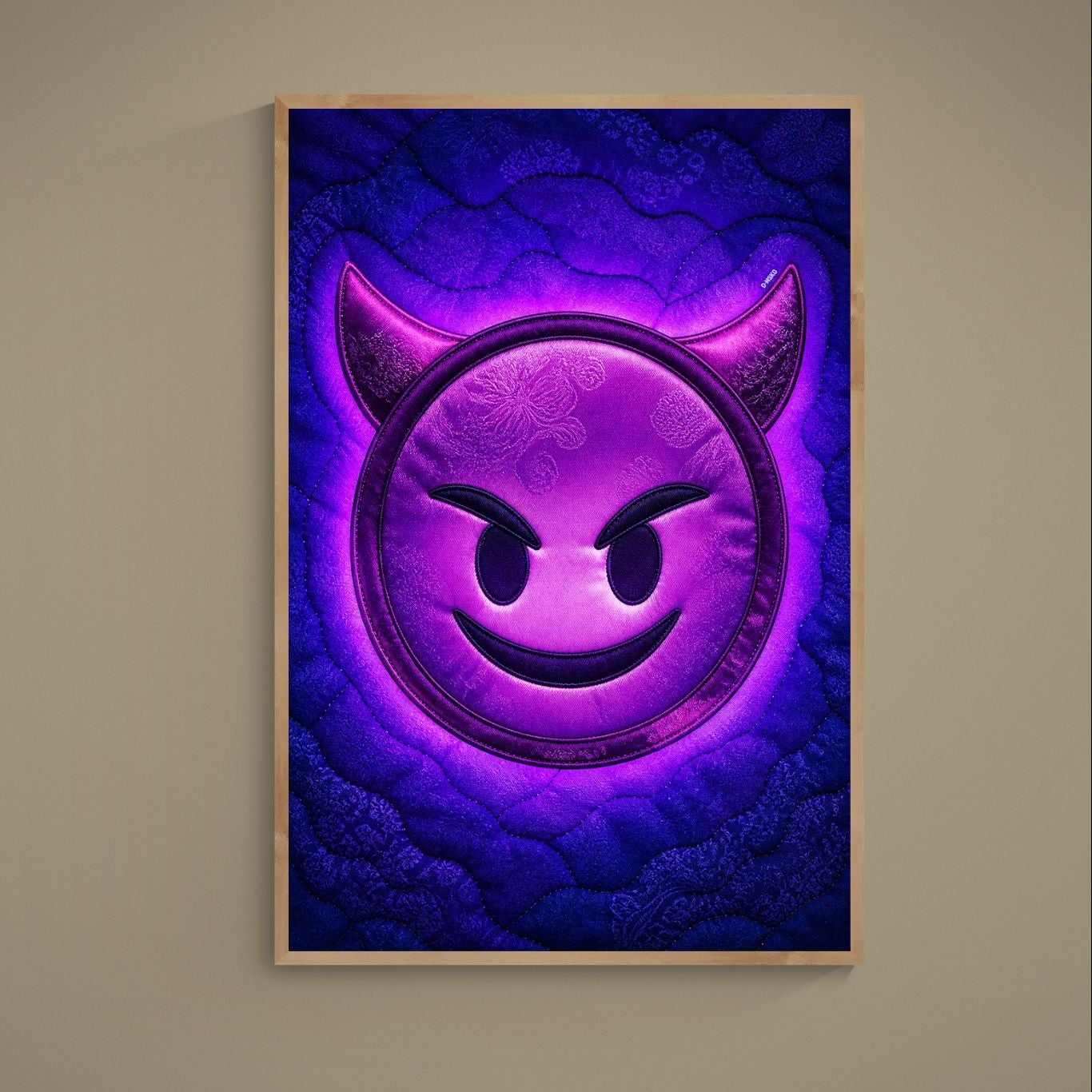 Purple devil emoji pop poster with quilted-style texture on matte paper, vertical layout with horned smile by Damsko