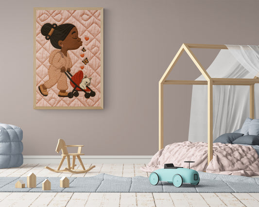 Purrfect Stroll: Quilt-Patterned Matte Poster with a Storybook Look