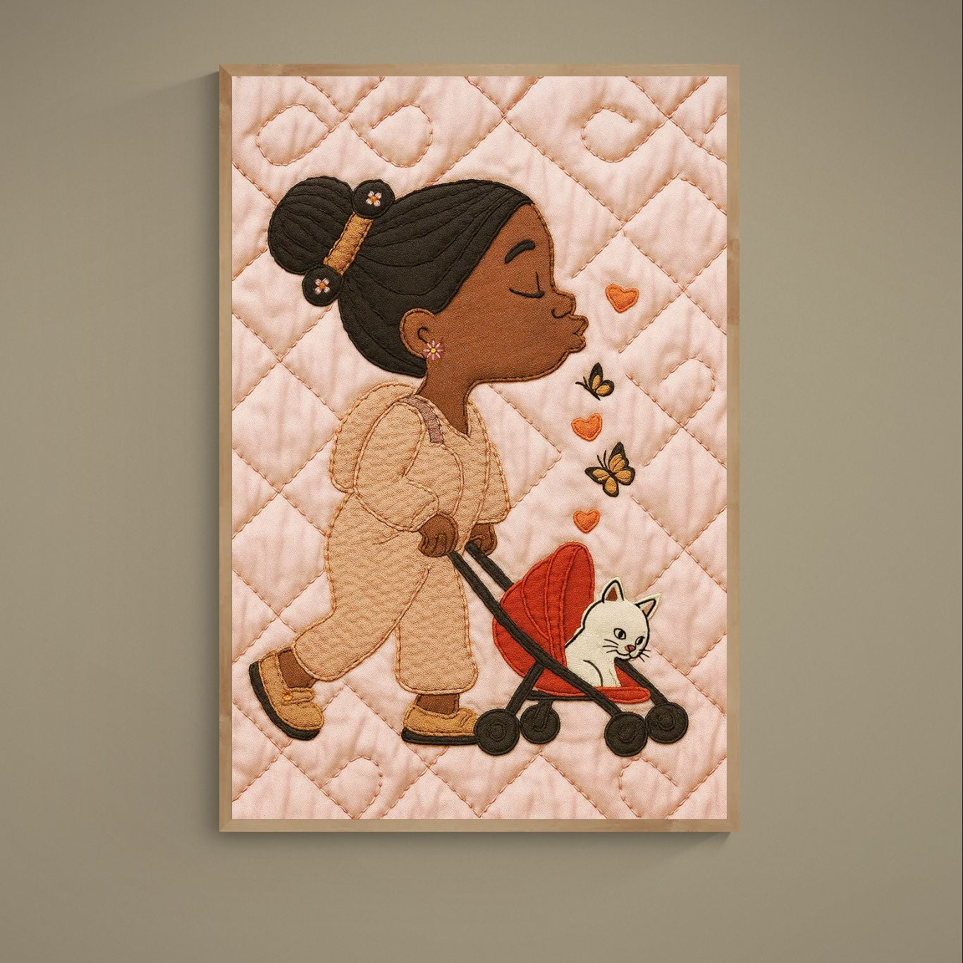 Pink poster of child pushing a red-orange stroller with cream cat, hearts and butterflies