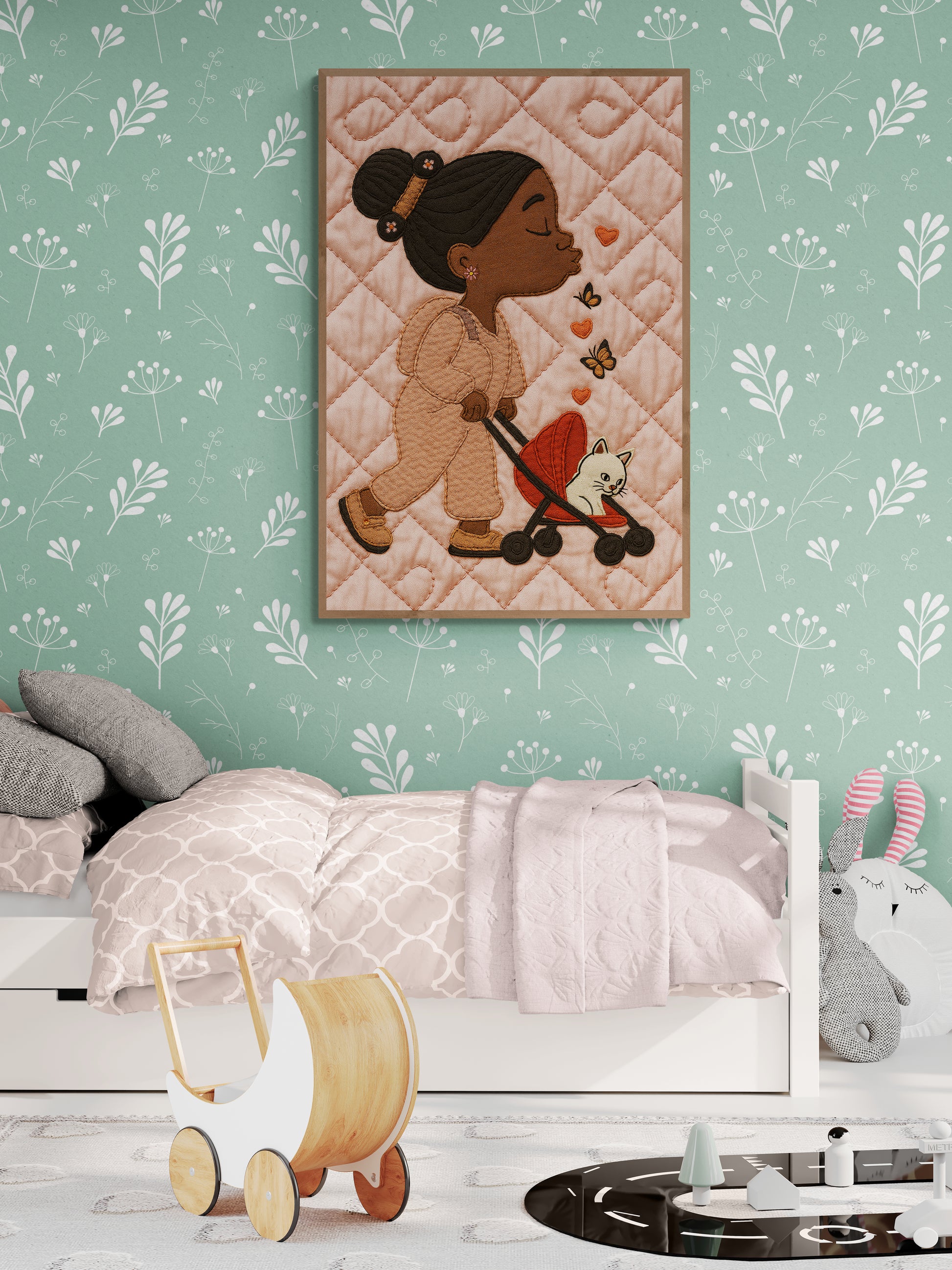 Purrfect Stroll: Quilt-Patterned Matte Poster with a Storybook Look