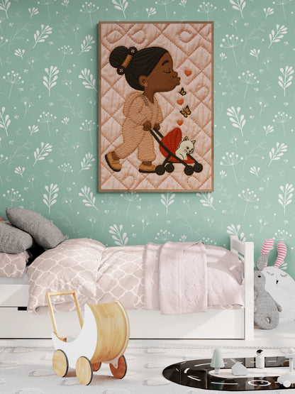 Purrfect Stroll: Quilt-Patterned Matte Poster with a Storybook Look