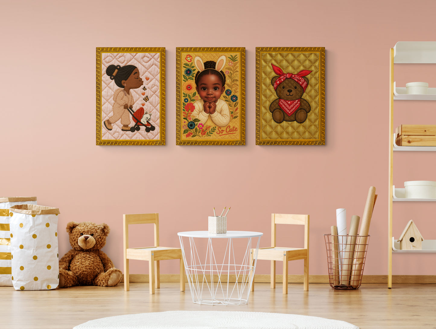 Purrfect Stroll: Quilt-Patterned Matte Poster with a Storybook Look