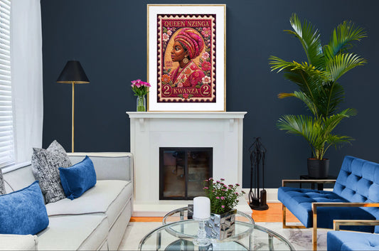 Queen Nzinga quilt-geïnspireerde poster op mat papier in Bisa Butler-stijl