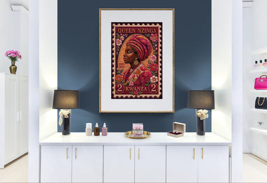 Queen Nzinga quilt-geïnspireerde poster op mat papier in Bisa Butler-stijl