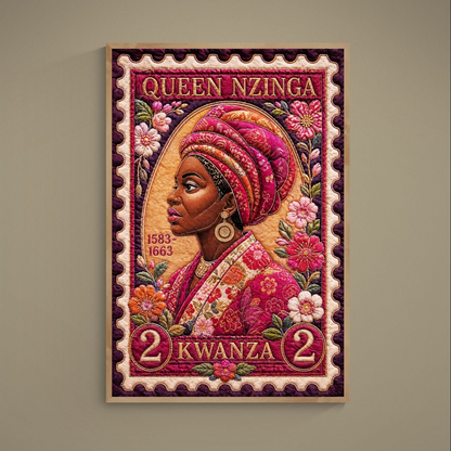 Queen Nzinga quilt-geïnspireerde poster op mat papier in Bisa Butler-stijl