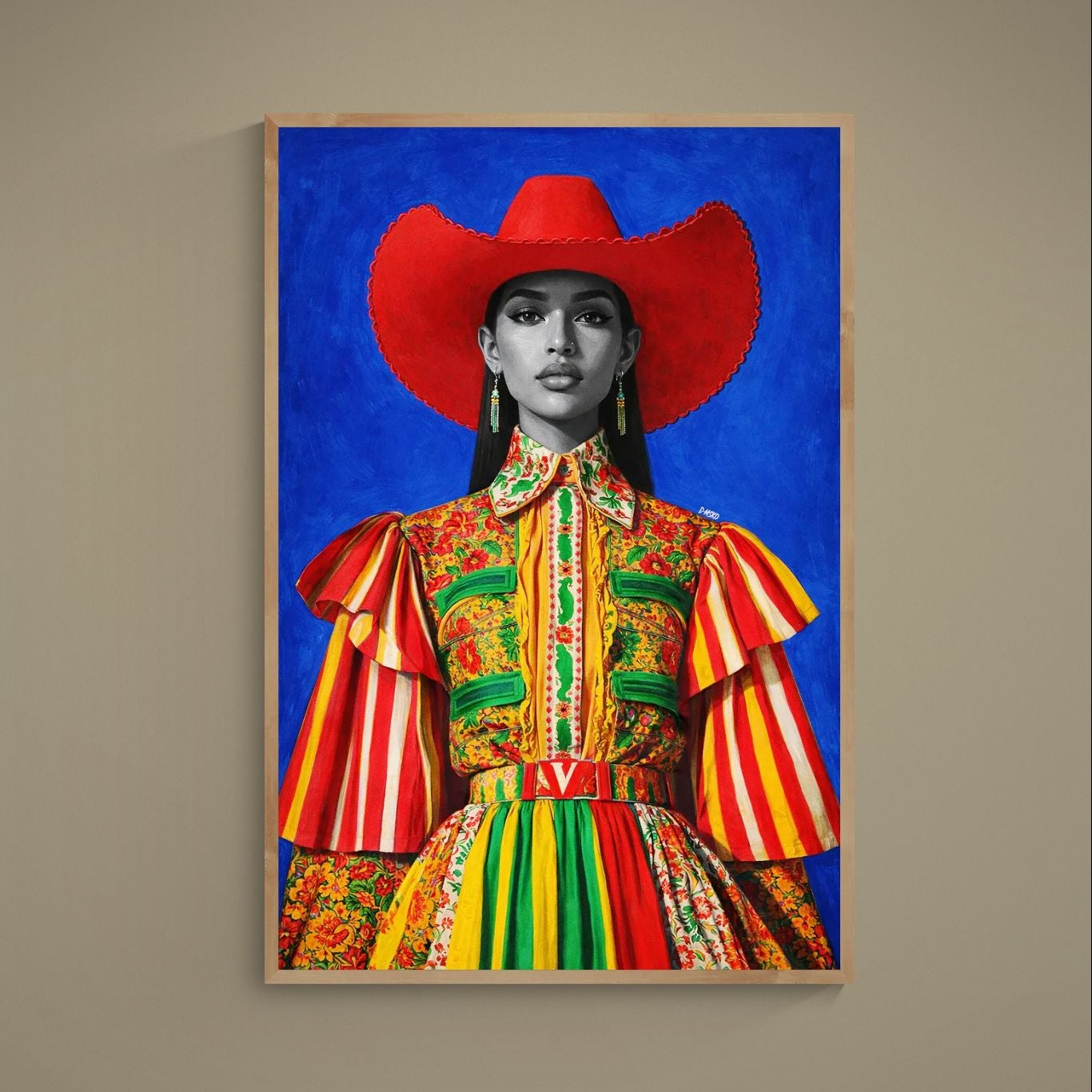Pop art portrait poster with grayscale face, red cowboy hat, blue background, and colorful floral costume