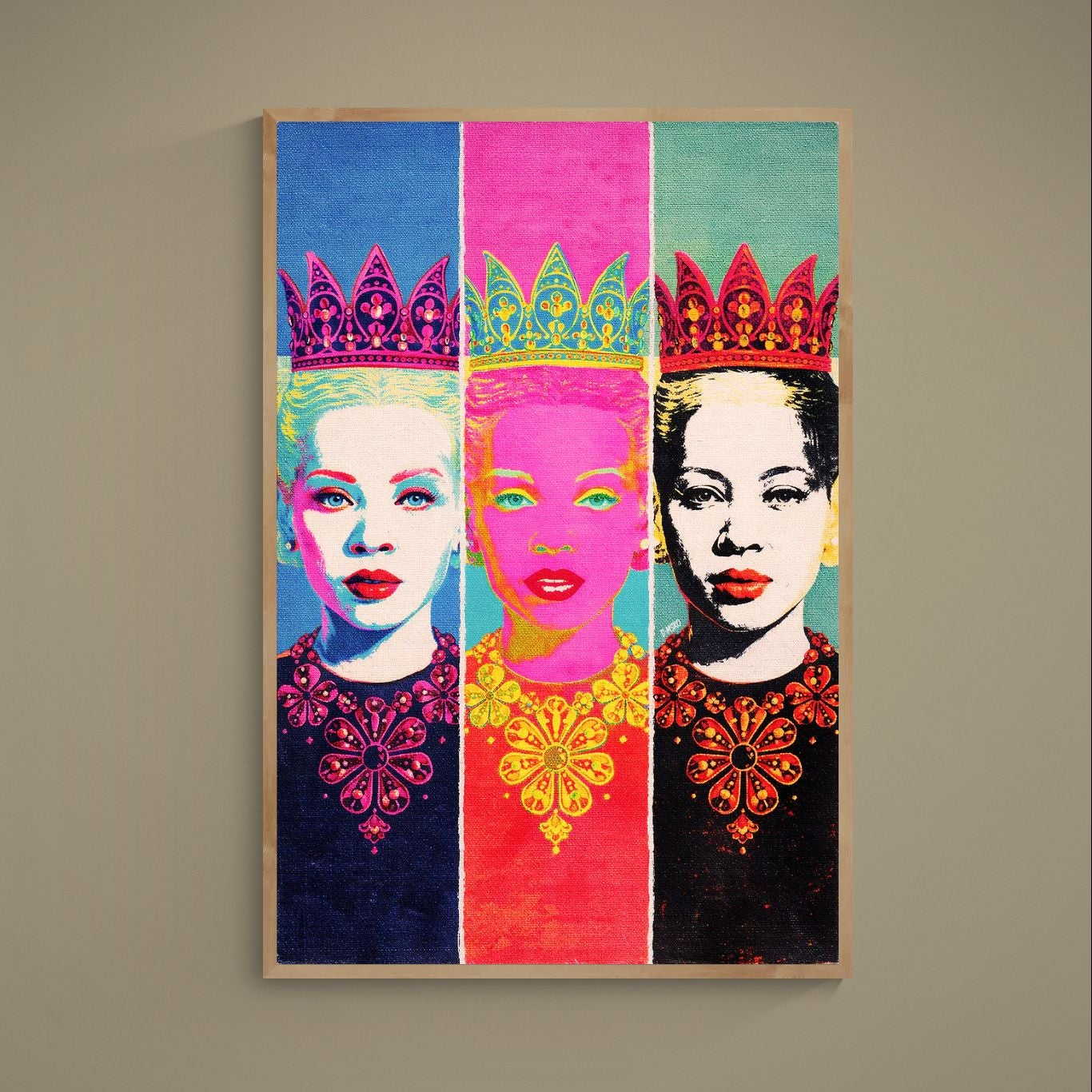 Pop art triptych poster of three crowned female portraits in bold color blocks