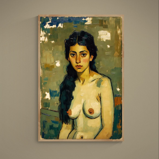 Portrait matte poster of a nude figure with black contour lines and olive-green painterly background