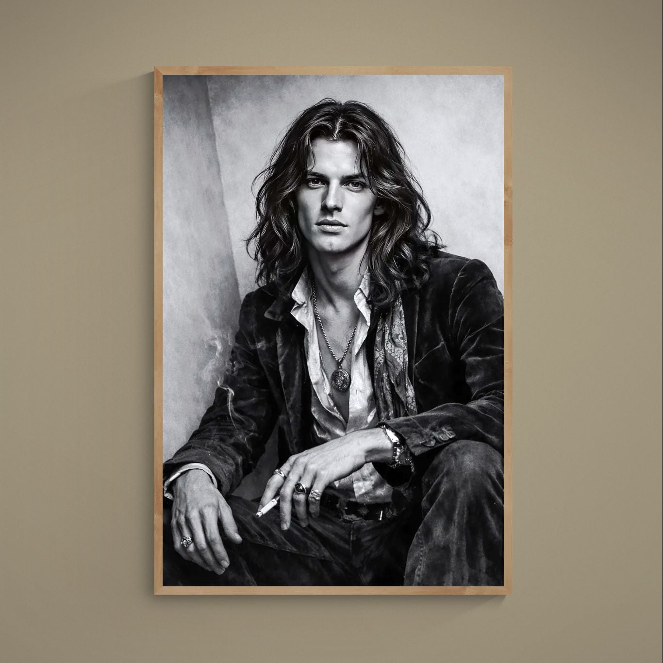 Black-and-white portrait poster of long-haired bohemian man holding a cigarette with drifting smoke