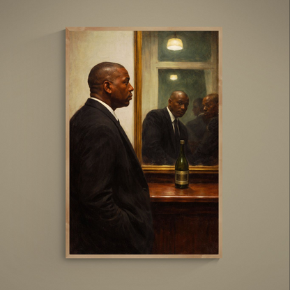 Giclee print matte paper poster of a moody Black man in profile before a gold-framed mirror in a bar scene, vertical unframed