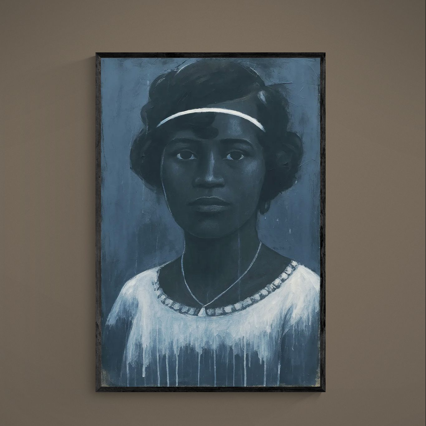 Navy blue figurative portrait poster with white headband, necklace detail, and textured brushstrokes