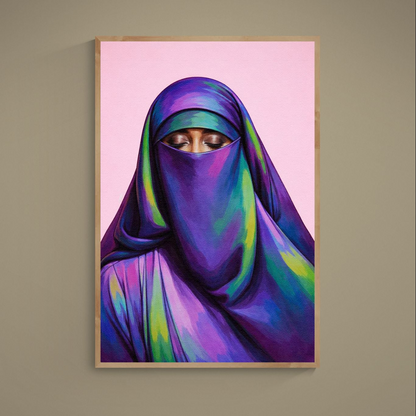 Veiled portrait poster with closed eyes, purple and green drapery, and pink background