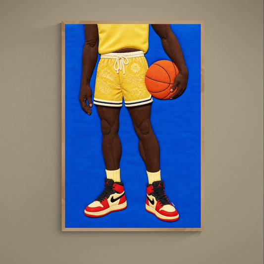 Basketball poster in quilted pop textile style: athlete with orange ball, blue field, yellow floral shorts, stitched look.