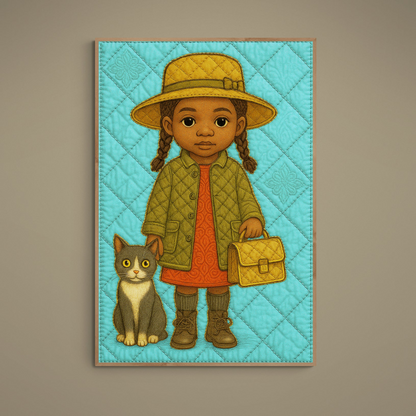 Braid-haired girl in mustard hat with gray cat on turquoise quilted background, Damsko Art matte poster