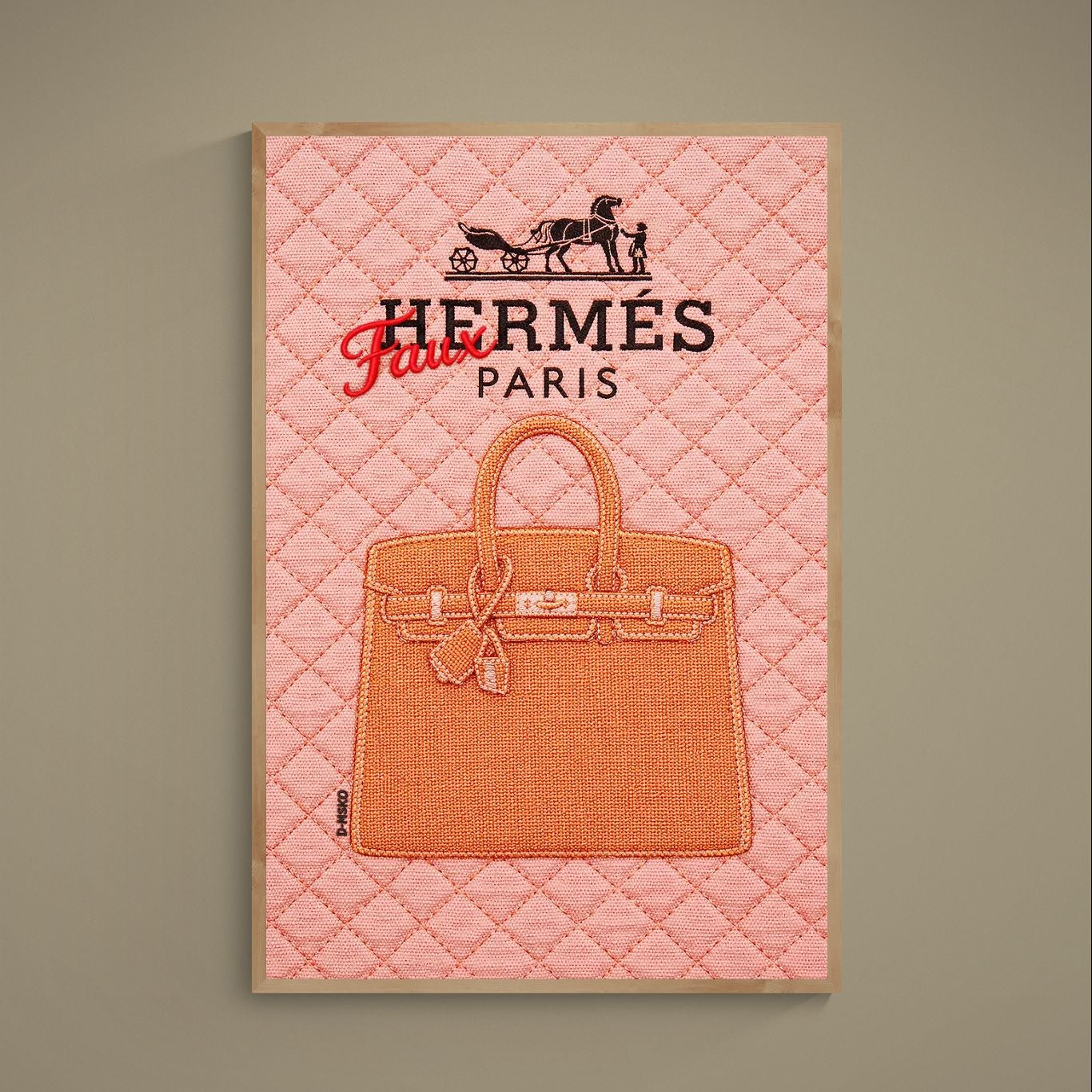 Pink quilted poster with orange handbag art, faux logo overlay and black fashion parody lettering