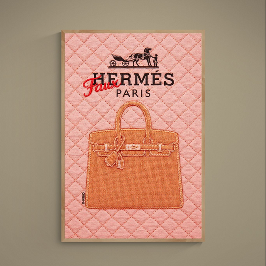 Pink quilted poster with orange handbag art, faux logo overlay and black fashion parody lettering