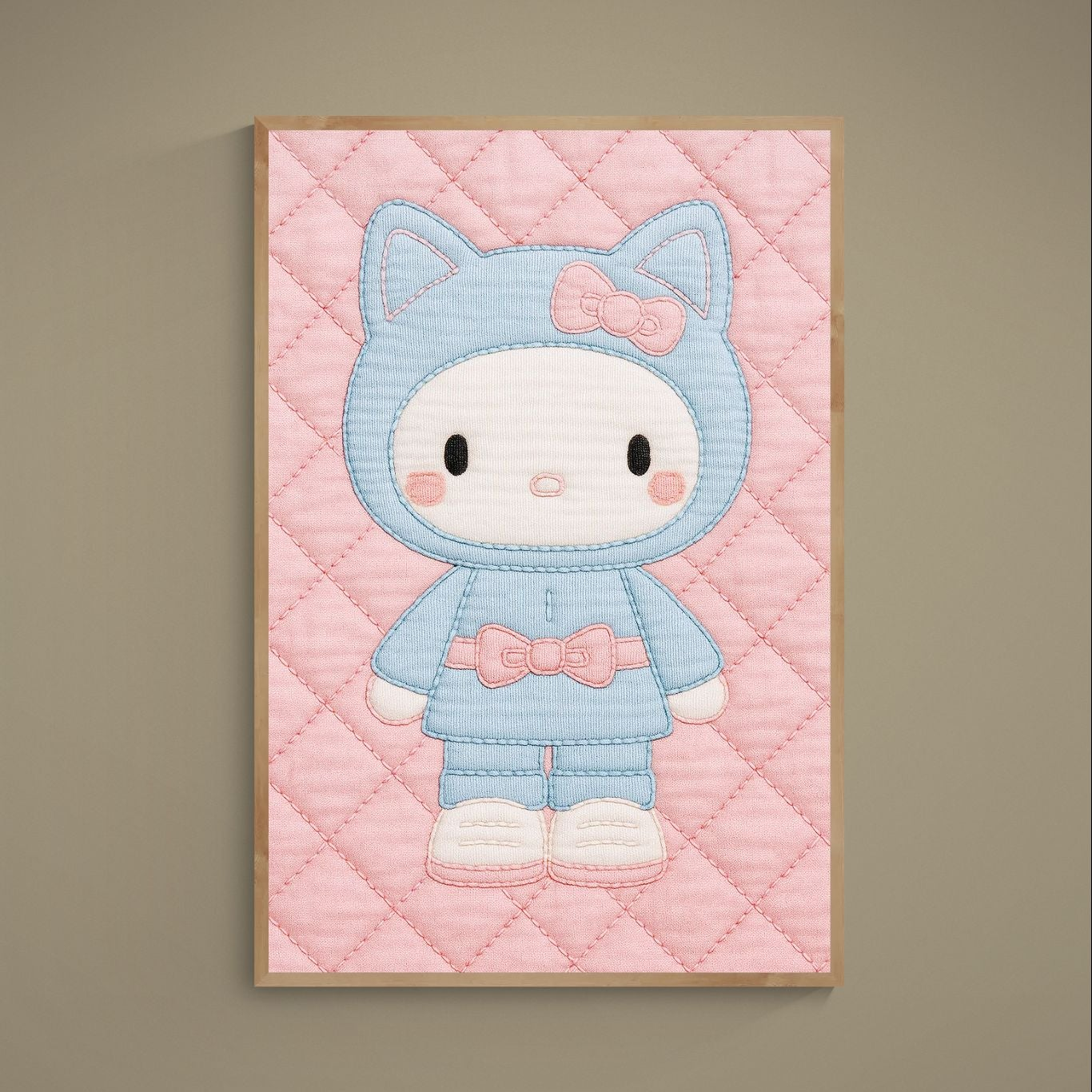 Kawaii cat in blue hood on pink diamond-quilted background, pastel matte paper poster