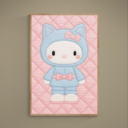 Kawaii cat in blue hood on pink diamond-quilted background, pastel matte paper poster