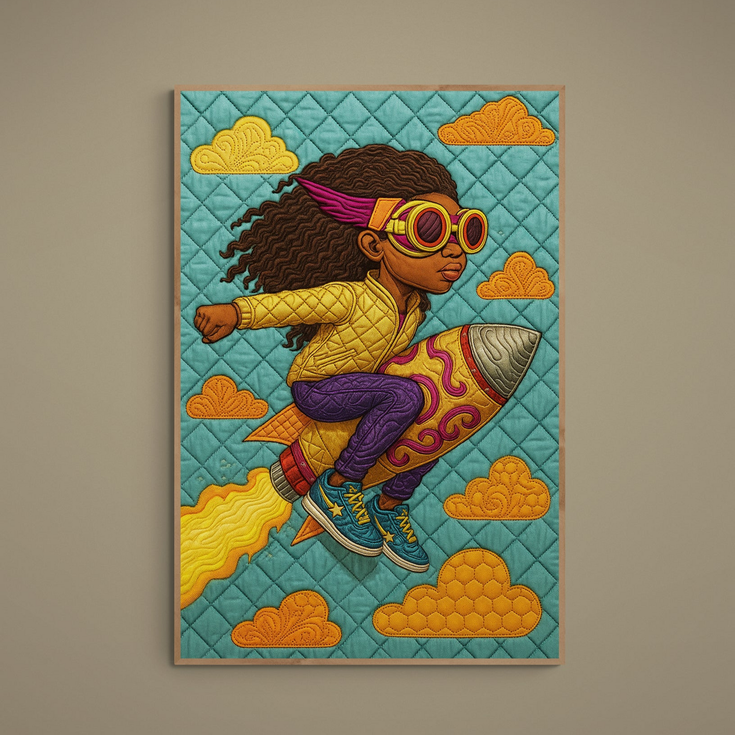 Textile-inspired rocket explorer poster with quilted diamonds, stitched clouds, and bright multicolor palette