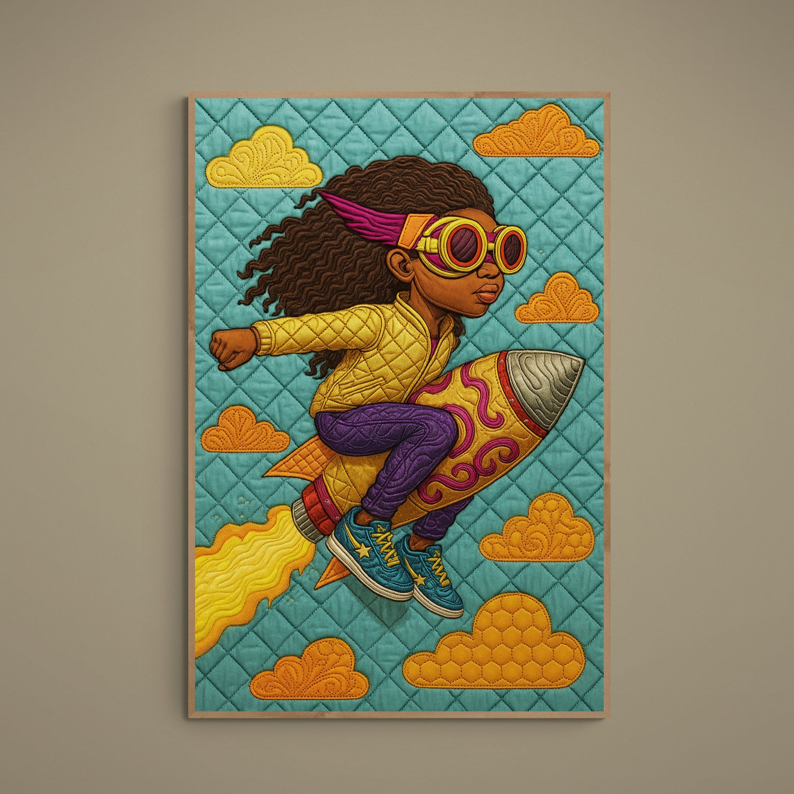 Textile-inspired rocket explorer poster with quilted diamonds, stitched clouds, and bright multicolor palette