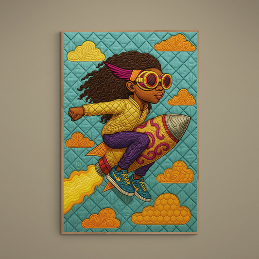 Textile-inspired rocket explorer poster with quilted diamonds, stitched clouds, and bright multicolor palette