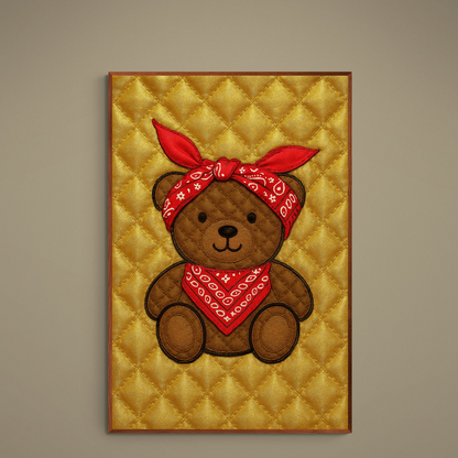Brown teddy bear with red paisley bandana on gold quilted diamond background matte poster