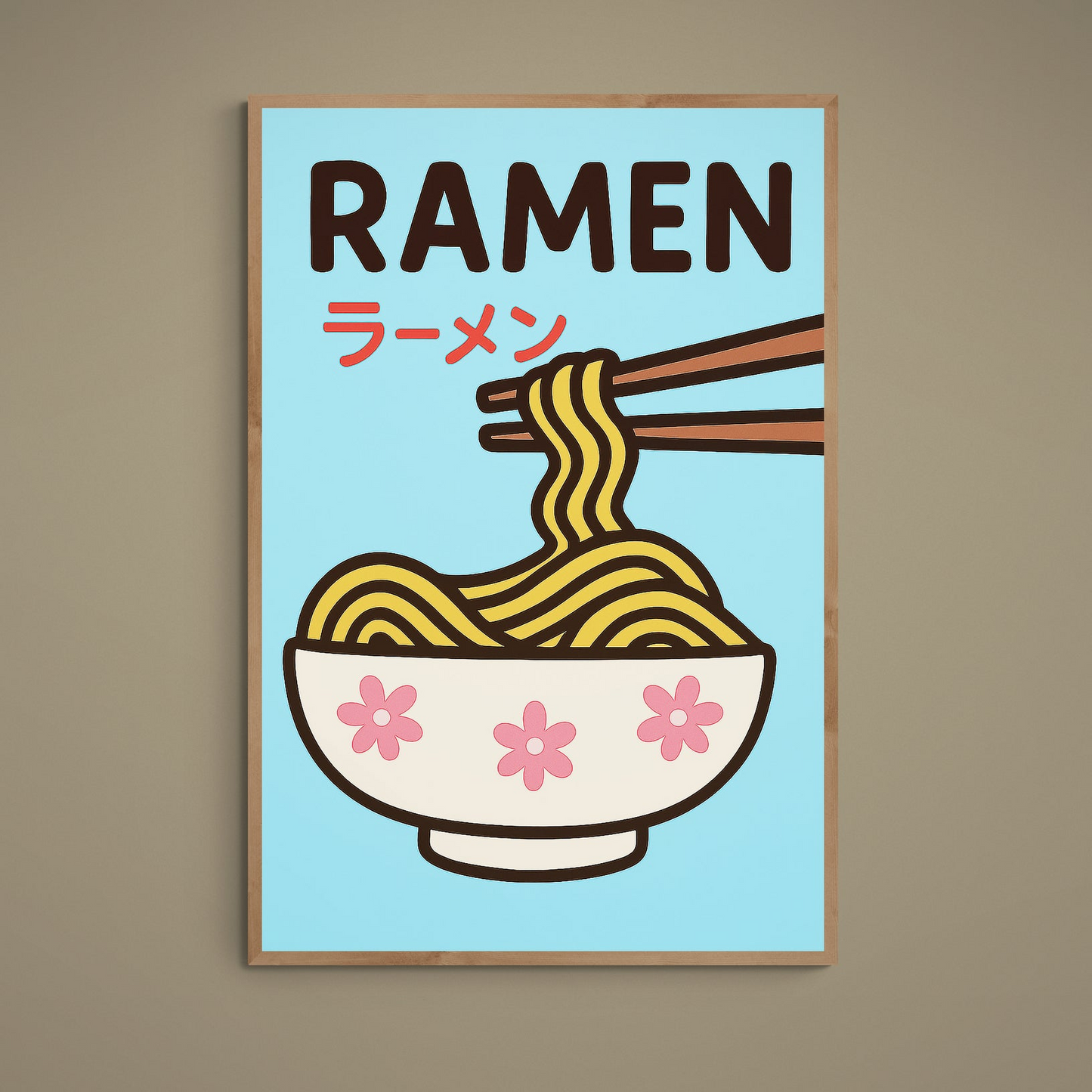 Kawaii ramen poster with chopsticks, yellow noodles, floral bowl, blue background, and Japanese text