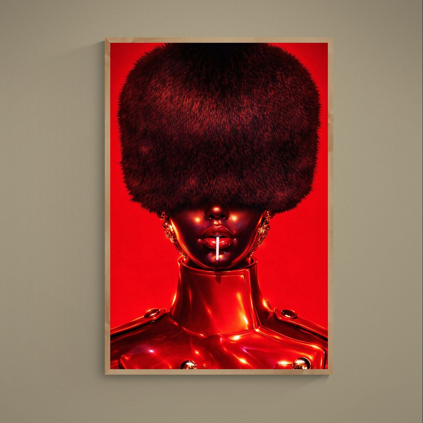 Avant garde matte poster: Black woman with afro, red background, gold highlights, chain earrings, lollipop, unframed