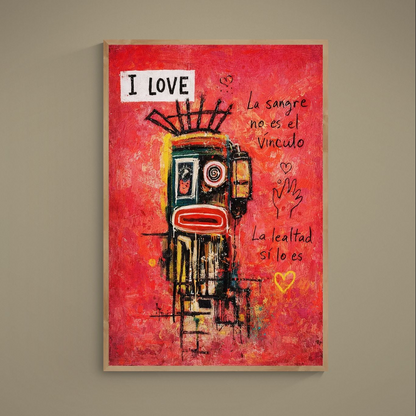 Red abstract portrait poster with black mask-like face, Spanish text, hearts and graffiti drips