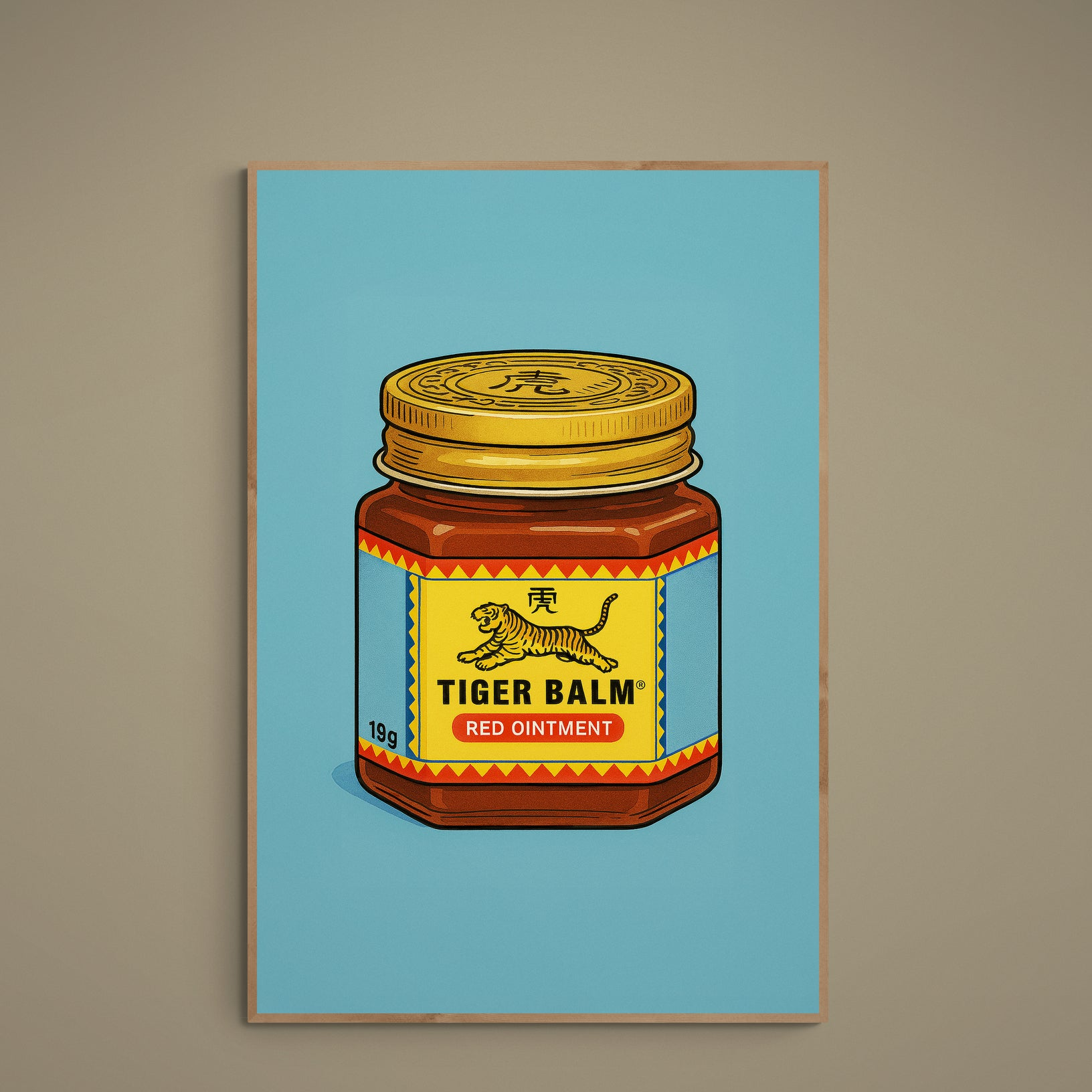 Pop art poster of a red Tiger Balm jar on turquoise background with bold black outlines