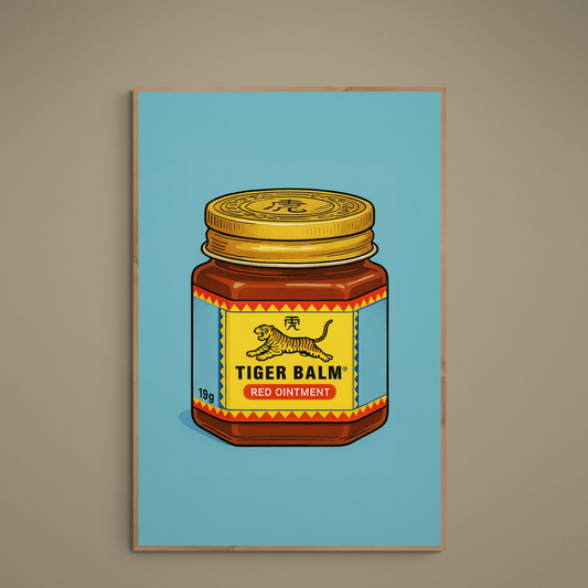 Pop art poster of a red Tiger Balm jar on turquoise background with bold black outlines