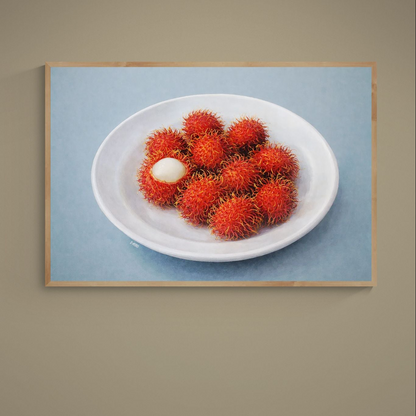 Photorealistic red rambutan in a white ceramic bowl on pale blue background, unframed matte poster
