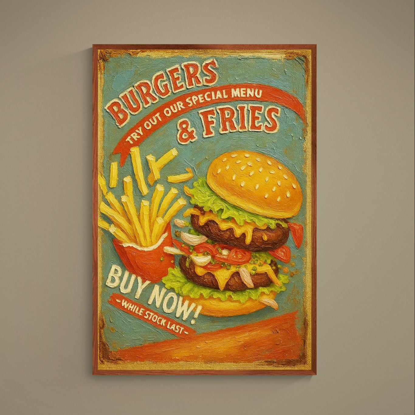 Retro burger and fries poster with turquoise distressed background and vintage Burgers & Fries lettering