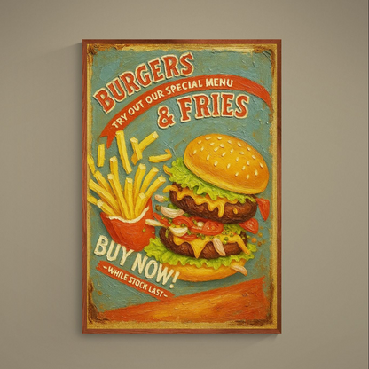 Retro burger and fries poster with turquoise distressed background and vintage Burgers & Fries lettering